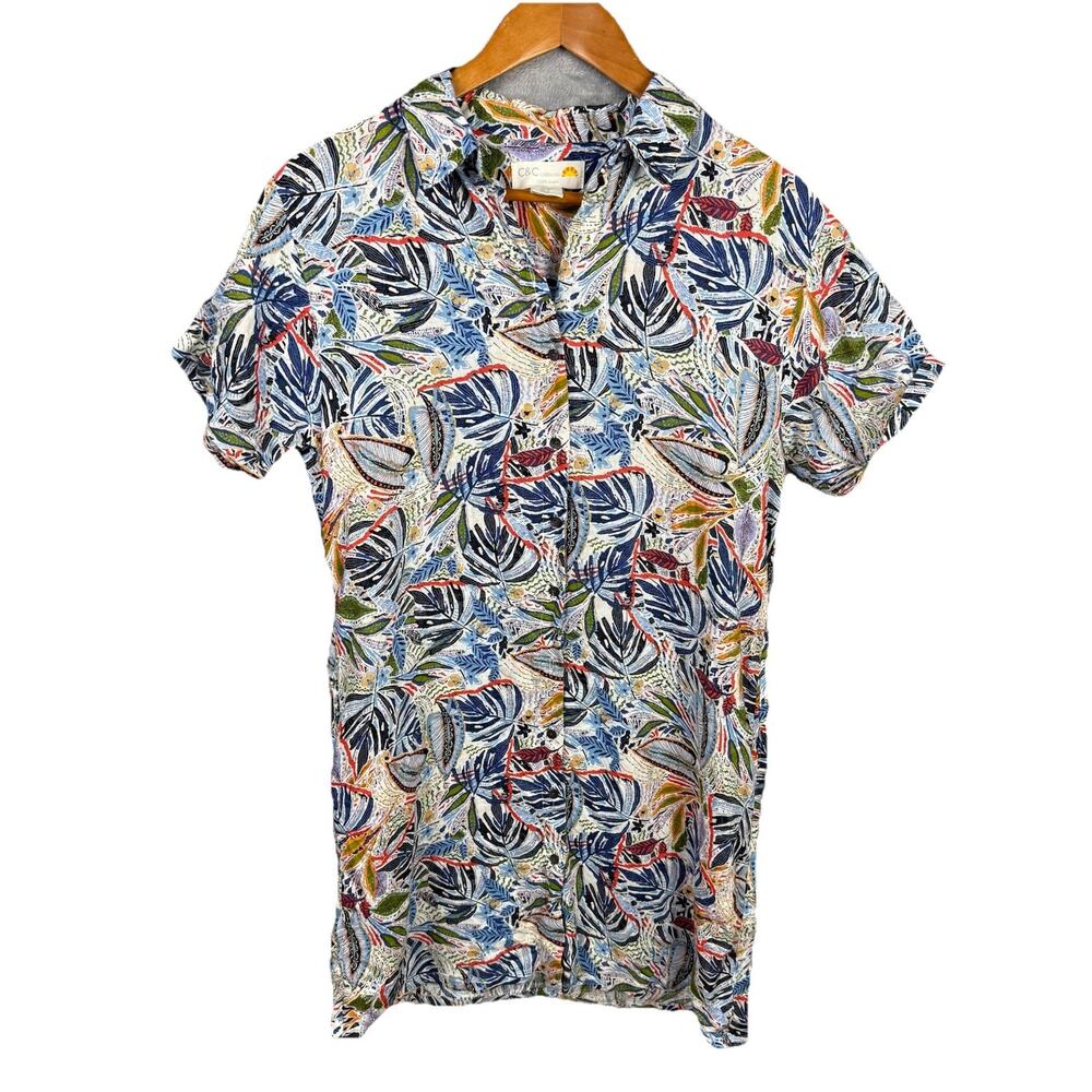 C&C California‎ 100% Linen Shirt Dress Medium Botanical Button Up Short Sleeve